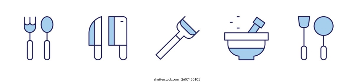 peeler, mortar, cutlery, knives, utensil. Utensil Icon vector illustration. Line Duotone style. Editable stroke.