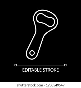 Peeler white linear icon for dark theme. Kitchen utensil. Sharp knife for cutting peel. Thin line customizable illustration. Isolated vector contour symbol for night mode. Editable stroke