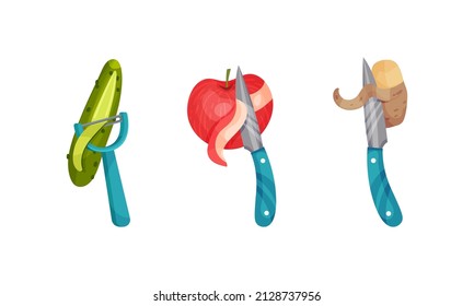 Peeling Cucumber, Apple and Potato with Knife as Vegetable Cooking Process Vector Set