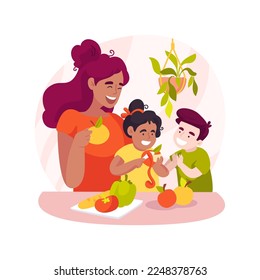 Peeling fruit with a knife isolated cartoon vector illustration. Child learns to use knife, peeling fruit, primary cooking class, self-care, preschool skill, kindergarten vector cartoon.