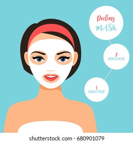 Peeling mask for treating skin. Girl face with mask, vector illustration