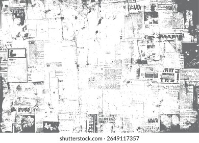 Peeling newspaper wall collage with grunge effect. Abstract torn paper texture design. Ideal for poster artwork and visual assets.