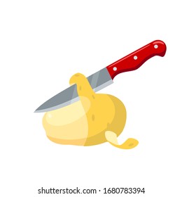 Peeling potato by knife. Vector illustration flat cartoon icon isolated on white.