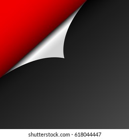 A peeling sheet of black paper against the red background. The curved corner reflects light. Template for web sites. Empty space for text. Style