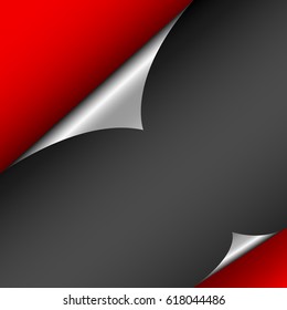 A peeling sheet of black paper against the red background. Two bent corners reflect light. Template for web sites. Empty space for text. Simple style