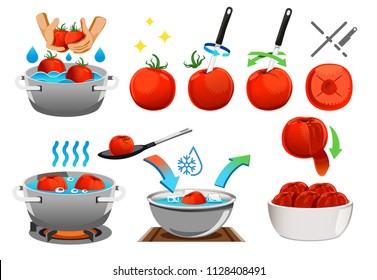 Peeling tomatoes with heat for making sauce. Preparation of raw materials before processing.  homemade concept.