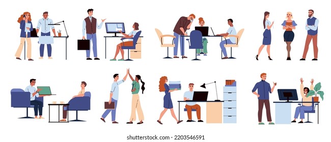 Peeople in office flat icons set with male and female employees communicating and doing paperwork isolated vector illustration