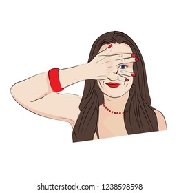 peep. the girl covers her face with her hands. Vector illustration for your design. sketching style on a white background