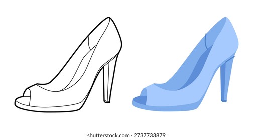Peep toe pump women blue heel flat plus line set. Open toe fashion dress footwear for party, wedding, holiday outfit. Technical illustration, CAD mockup, vector men unisex isolated trendy style.
