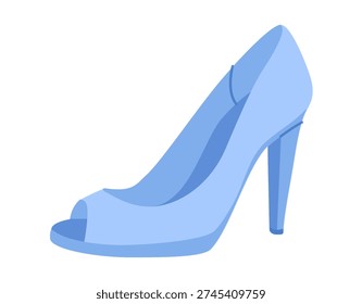 Peep toe pump women blue heel flat shoe. Open toe fashion dress footwear for party, wedding, summer vacation. Technical illustration, CAD mockup, bright vector men unisex isolated playful chic style.