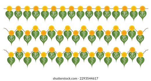 peepal leaf cut ganpati, marigold flower Garland. Decoration for Indian Hindu Auspicious Occasion, ganesh chaturthi special. natural peepal leaf ornate vector, editable design