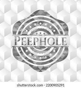 Peephole realistic grey emblem with cube white background. 