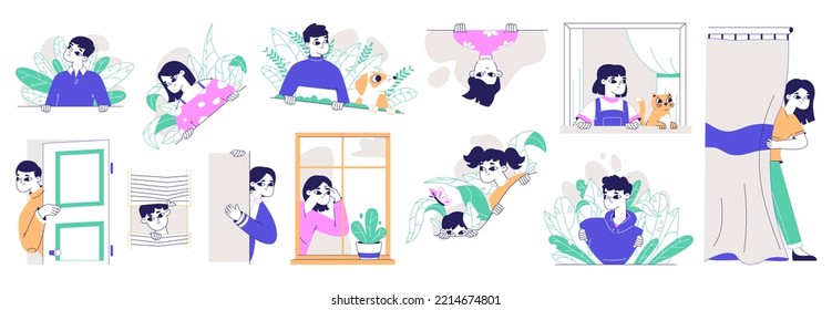 Peeping curious people, spying through window, searching characters. Men and women secretly looking out, spying observing around flat vector illustration collection. Curious persons monitoring set