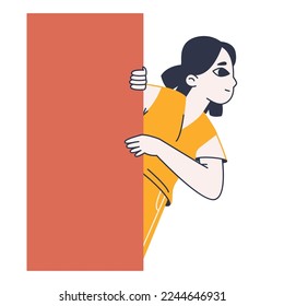 Peeping curious woman. Observing, spying, searching female person secretly looking out from red rectangle flat vector illustration on white background