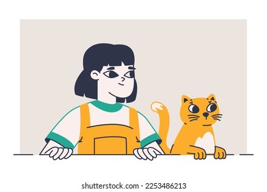 Peeping cute girl with cat. Spying curious child with pet, girl looking out from window, searching female character isolated flat vector illustration on white background