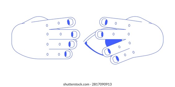 Peeping eye between hands monochromatic blue cartoon clipart. Playful peeking gesture. Curiosity look. Shyness timidity. Hidden glimpse. Peekaboo isolated vector linear element. Flat spot illustration