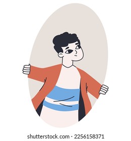 Peeping guy. Spying curious character spying through geometry shape, young man looking out through oval flat vector illustration
