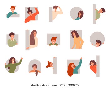 Peeping people. Characters looking out various frames cheering curious recent vector cartoon persons
