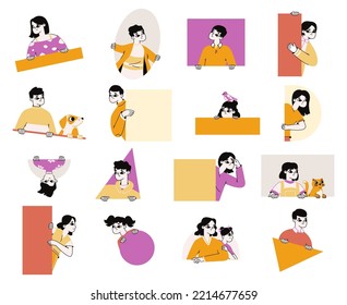 Peeping people, curious characters spying through geometry shapes. Men and women looking out through windows flat vector illustration collection. Spying curious people set