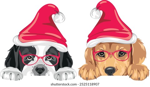 Peeping Saint Bernard and Golden Retriever puppy dog in Santa hats. Vector