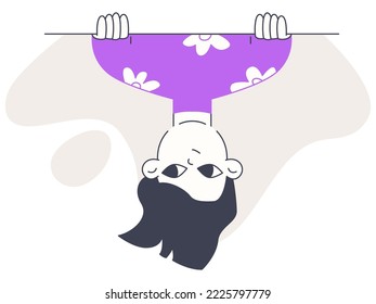 Peeping spying girl, cute curious child. Linear girl looking out from ceiling, searching female character isolated flat vector illustration on white background