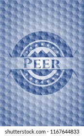 Peer blue badge with geometric background.