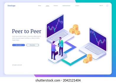 Peer To Peer Business Communication, P2P Banner. Concept Of Distributed Economy, One-rank Fintech Relationships. Vector Landing Page With Isometric Illustration Of People Handshake, Laptops And Money