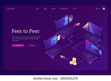 Peer to peer computer network isometric landing page. P2p internet model for support or transfer money. One rank and client server networking business concept, connected laptops 3d vector web banner