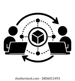 Peer to Peer Crypto Transfer Between Two Users at Laptops with Blockchain Block, Black Vector P2P Network Symbol for Fintech