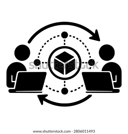 Peer to Peer Crypto Transfer Between Two Users at Laptops with Blockchain Block, Black Vector P2P Network Symbol for Fintech