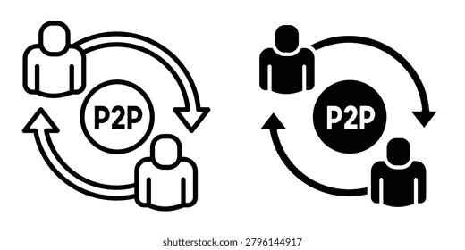 Peer to peer icon set in outlined drawings with flat version.