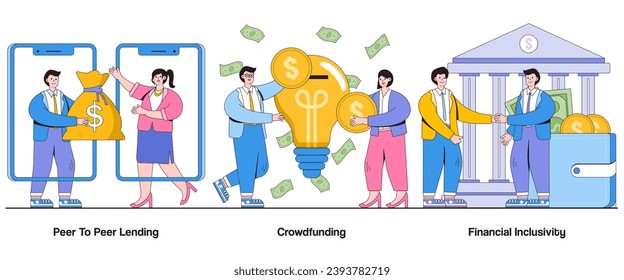 Peer to peer lending, crowdfunding, financial inclusivity concept with character. P2P finance abstract vector illustration set. Collaborative lending, crowdsourcing funding, financial democratization.