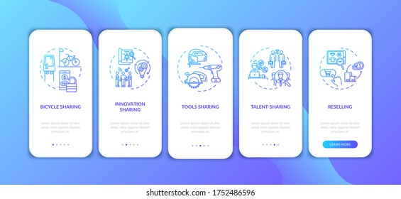 Peer to peer lending onboarding mobile app page screen with concepts. Property sharing and rental services walkthrough five steps graphic instructions. UI vector template with RGB color illustrations