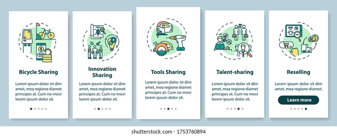 Peer to peer lending onboarding mobile app page screen with concepts. Goods and services sharing walkthrough five steps graphic instructions. UI vector template with RGB color illustrations
