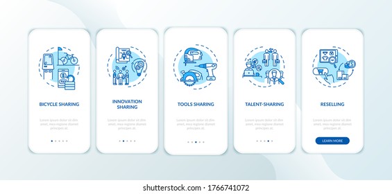 Peer to peer lending onboarding mobile app page screen with concepts. Modern P2P rental services walkthrough five steps graphic instructions. UI vector template with RGB color illustrations