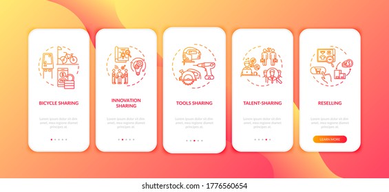 Peer To Peer Lending Onboarding Mobile App Page Screen With Concepts. Collaborative Economy Walkthrough Five Steps Graphic Instructions. UI Vector Template With RGB Color Illustrations