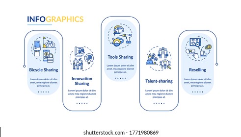 Plantilla infográfica de vector de préstamo de pares a pares. Elementos de diseño de presentación de intercambio de bienes y servicios. Visualización de datos con cinco pasos. Diagrama de la línea de tiempo del proceso. Diseño de flujo de trabajo con iconos lineales