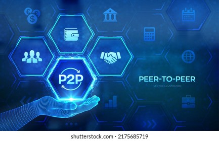 Peer to peer logo in wireframe hand. P2P payment and online model for support or transfer money. Peer-To-Peer technology concept on virtual screen. Vector illustration.
