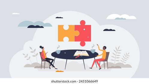 Peer to peer mentoring to share professional skills tiny person concept. Cognitive guidance and personal growth after communication with mentor vector illustration. Sharing experience to colleagues.