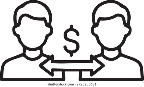 Icono de transferencia de dinero de igual a igual. Dos personas que intercambian el arte de la línea de signo del dólar.