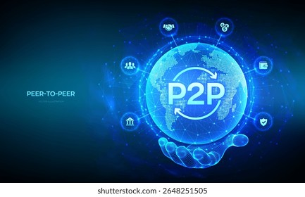 Ponto a ponto. Pagamento P2P e modelo on-line para suporte ou transferência de dinheiro. conceito de tecnologia ponto a ponto. Composição da linha do ponto do mapa mundial. Globo planeta Terra em mão aramado. Ilustração vetorial.