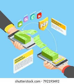 Peer to peer payments design concept with business partners committing transaction using mobile phones isometric vector illustration