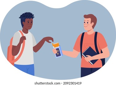 Peer pressure 2D vector isolated illustration. Schoolboy encouraging friend to try cigarette flat characters on cartoon background. Peer influence on adolescent smoking colourful scene