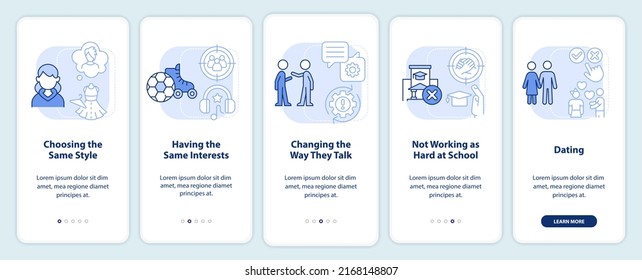 Peer Pressure Of Being Teen Light Blue Onboarding Mobile App Screen. Walkthrough 5 Steps Editable Graphic Instructions With Linear Concepts. UI, UX, GUI Template. Myriad Pro-Bold, Regular Fonts Used