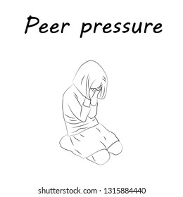 Peer Pressure. Child, Girl, Teen, Teenager Sitting Frustrated. Vector Outlined Illustration. Black Lines Vector Image, White Background.