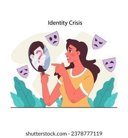 Peer pressure concept. Confused woman looking in mirror at unknown person, surrounded by floating masks, symbolizing self-doubt and others perceptions in identity struggle. Flat vector illustration