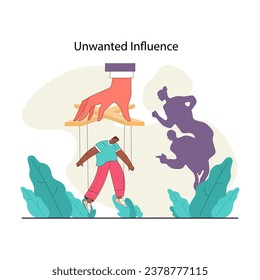 Peer pressure concept. Giant hand manipulates a puppet-like figure, with lurking shadows representing judgment from other people, showing the weight of social opinion. Flat vector illustration