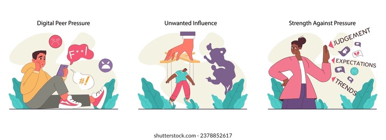 Peer pressure concept set. People of various age groups and statuses suffering from social disapproval, bullying and lack of support. High expectations and trends ideas. Flat vector illustration