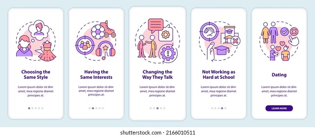Peer pressure on teens onboarding mobile app screen. Same interests walkthrough 5 steps editable graphic instructions with linear concepts. UI, UX, GUI template. Myriad Pro-Bold, Regular fonts used