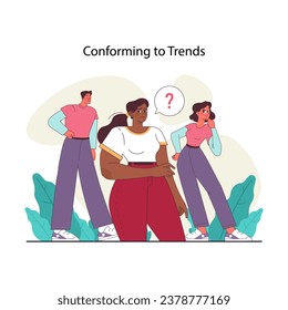 Peer pressure. Woman stands uncertainly amidst peers, contemplating the pressure to conform to prevailing trends, as they exude confidence. Fashion style change idea. Flat vector illustration